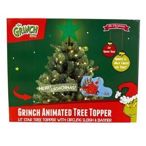 Mr. Christmas Animated Grinch Sleigh Tree Topper with LED Star and Merry Flag